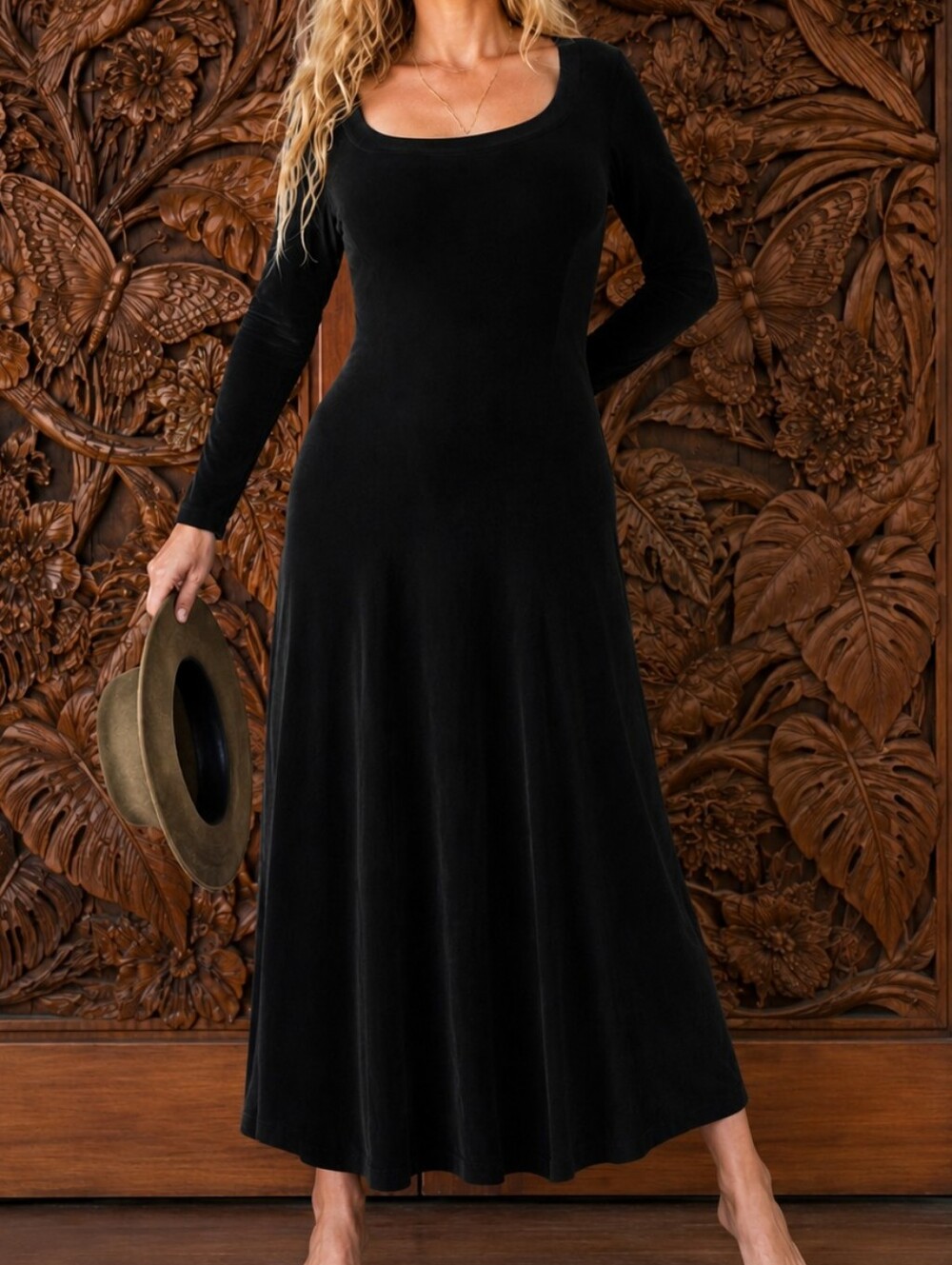 90's Classic Black Dress, Stretch & Structured Black Knit Dress, Boatneck 8-10